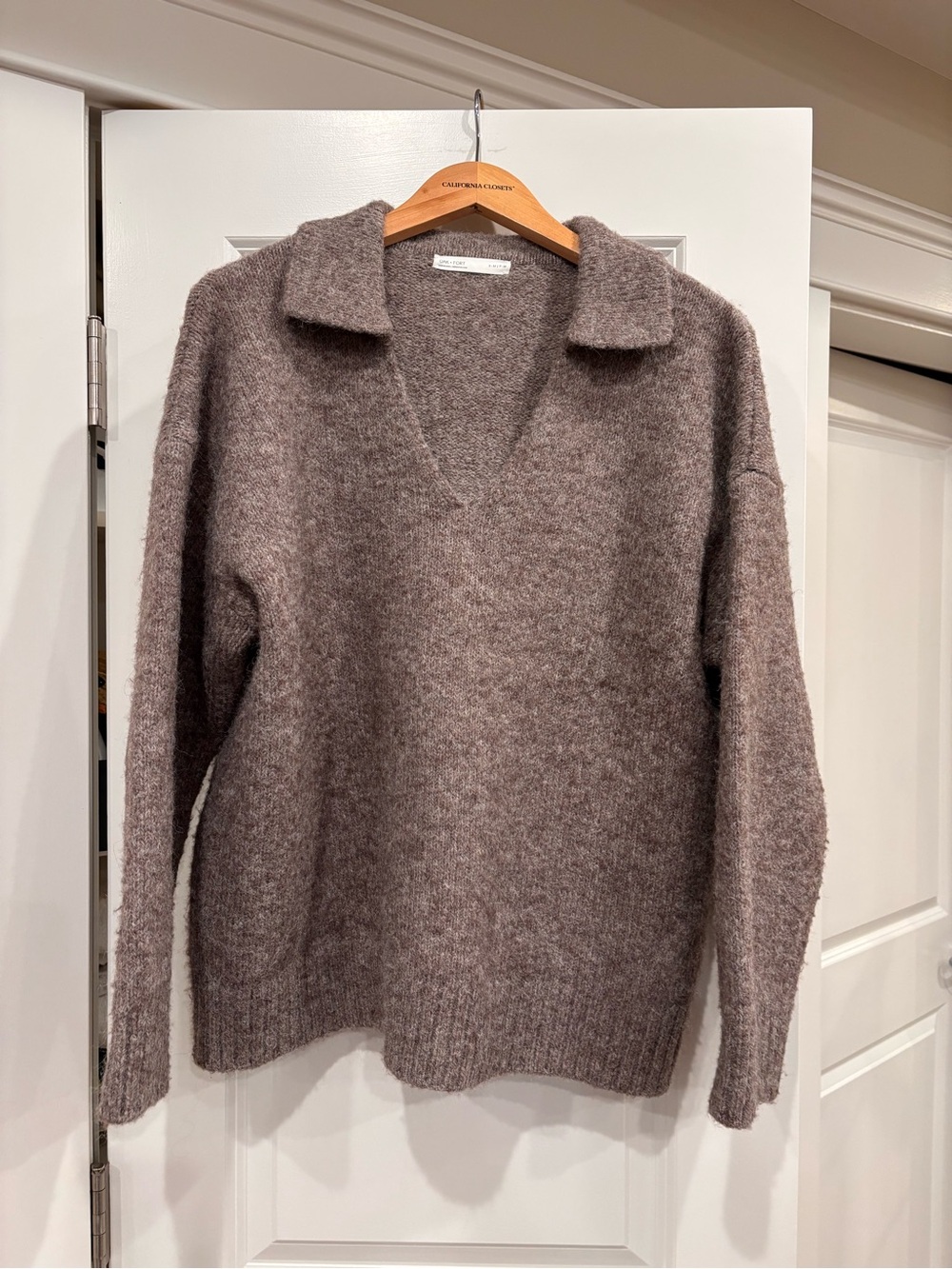 OAK + FORT V-Neck Collared Sweater in Taupe